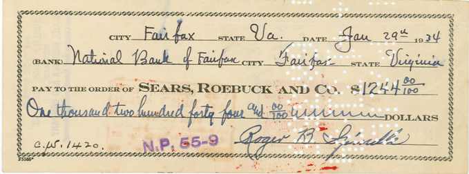 Check issued by Roger Spindle to Sears Roebuck and Company for $1,244