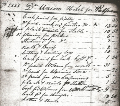 Account Page from George Millans Ledger Book Union Hotel
