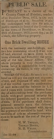 Nancy Allison Dwelling House Sale Ad, 1872