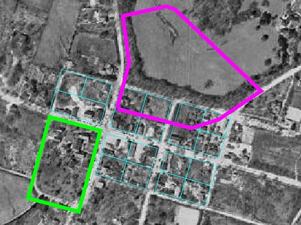Town Plat Over 1937 Aerial Photo, Showing Courthouse Lot in Green and Racecourse in Magenta